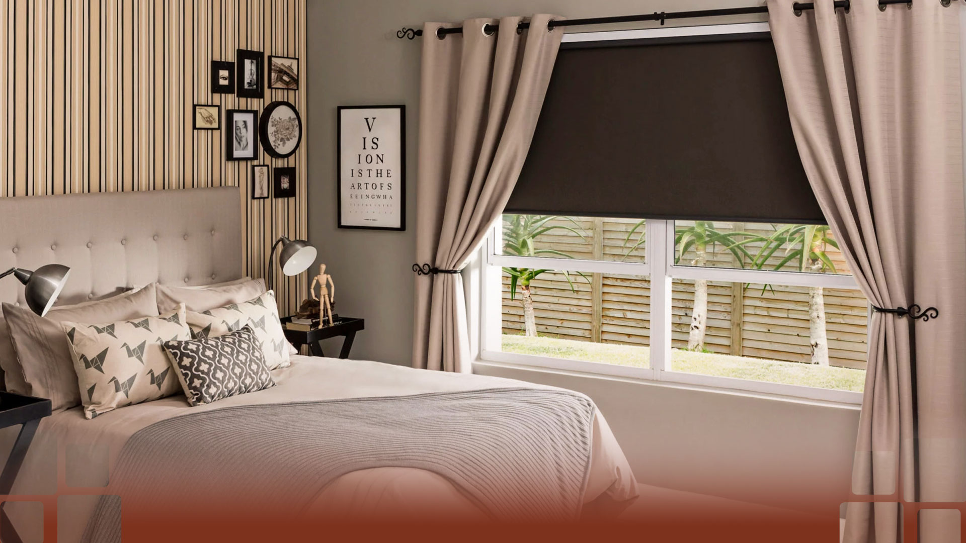 bedroom with blinds on the windows