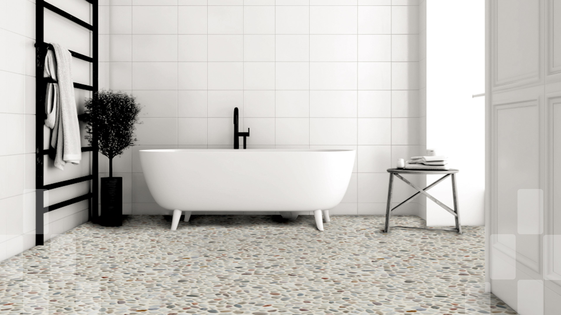 white pebble floor tile