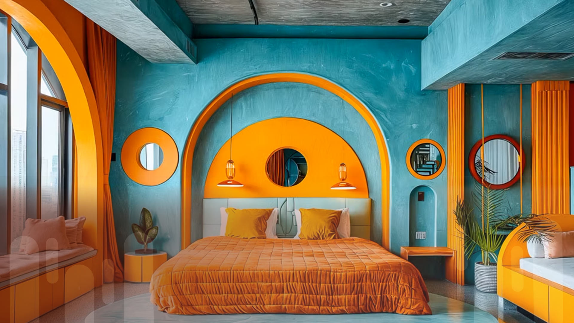 Bedroom with Coral-Orange, Aqua Blue and Latte White color combination