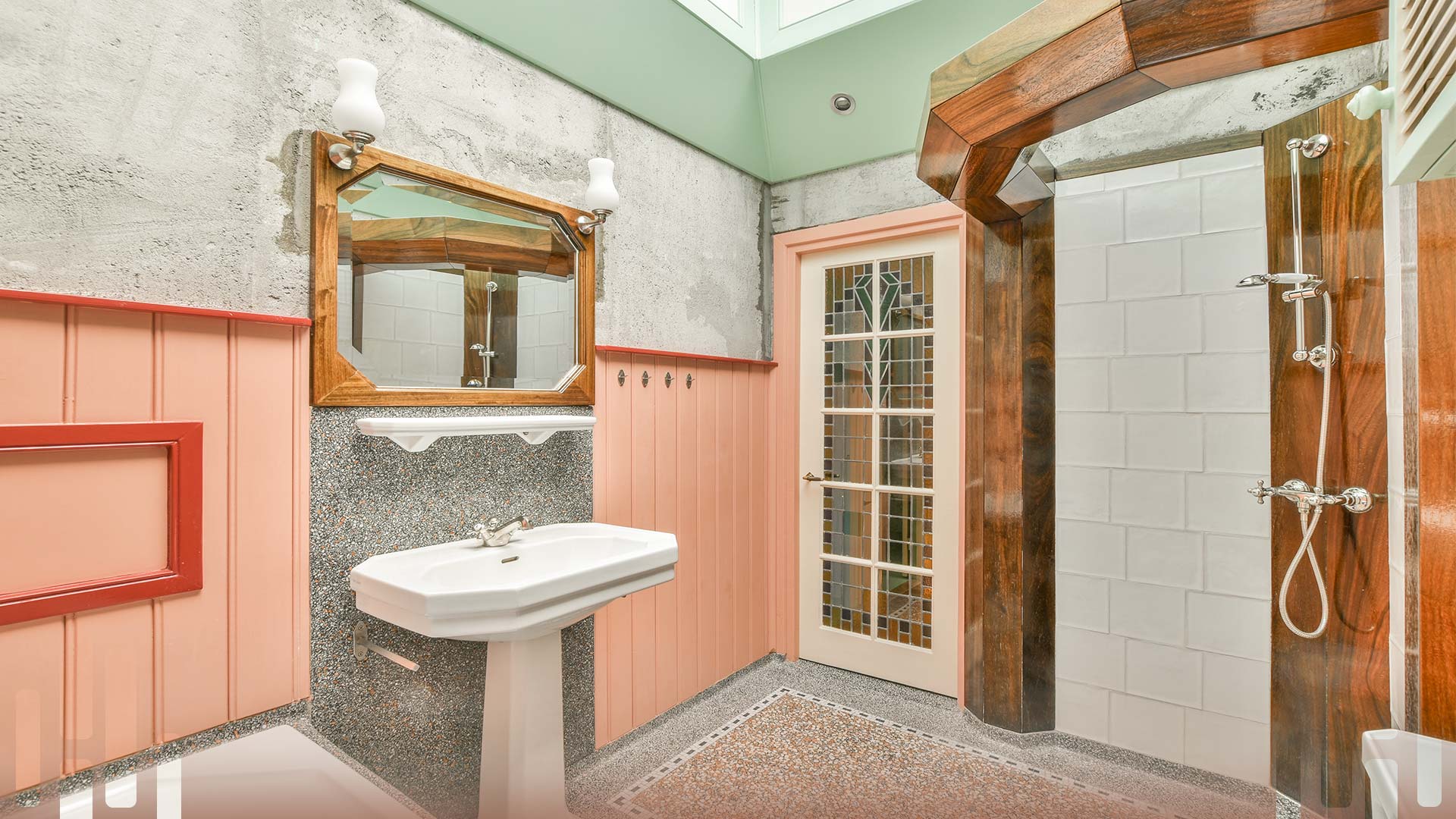 bathroom with different shapes and sizes of tiles