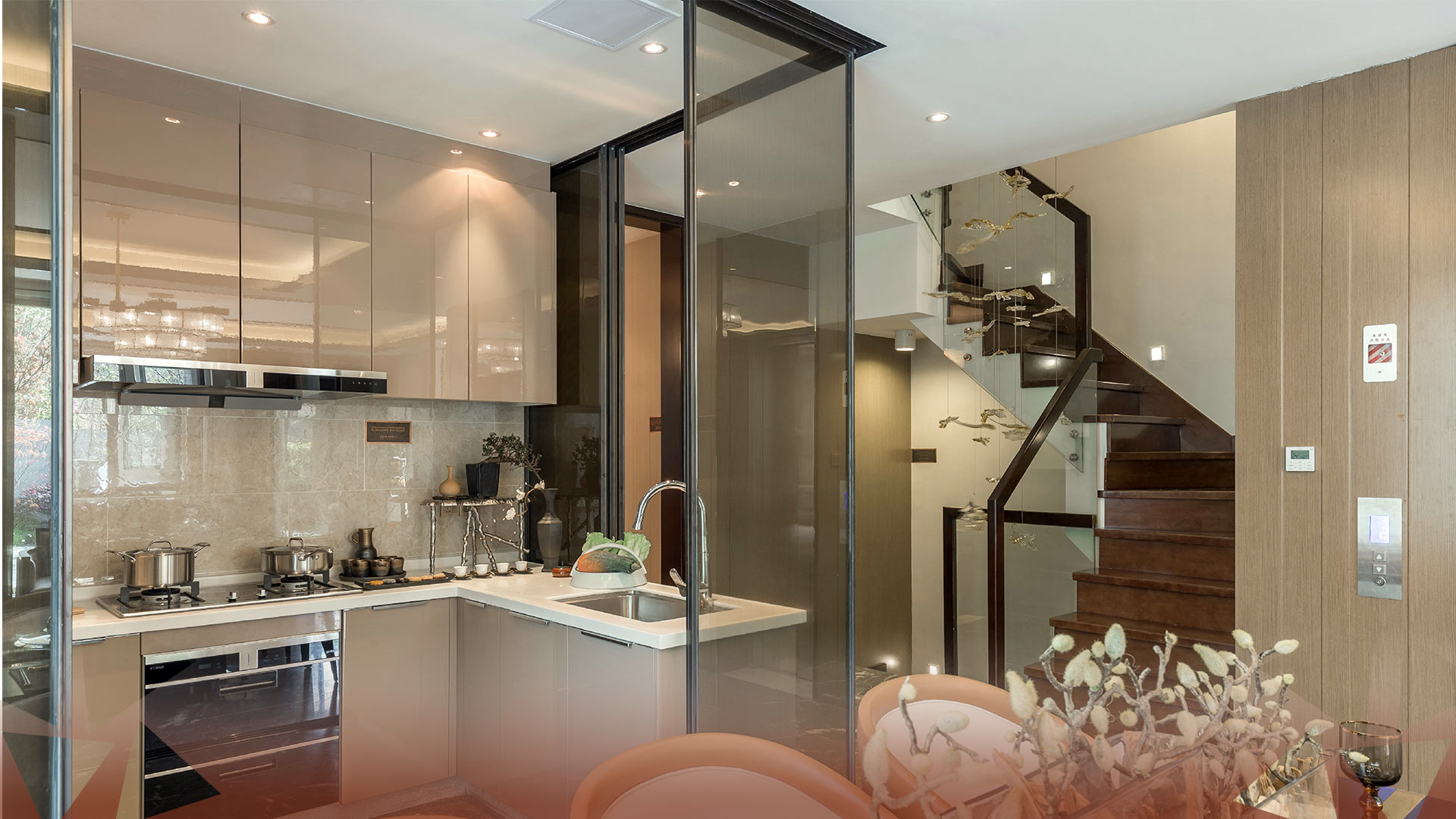 L shaped Kitchen with a Glass Partition