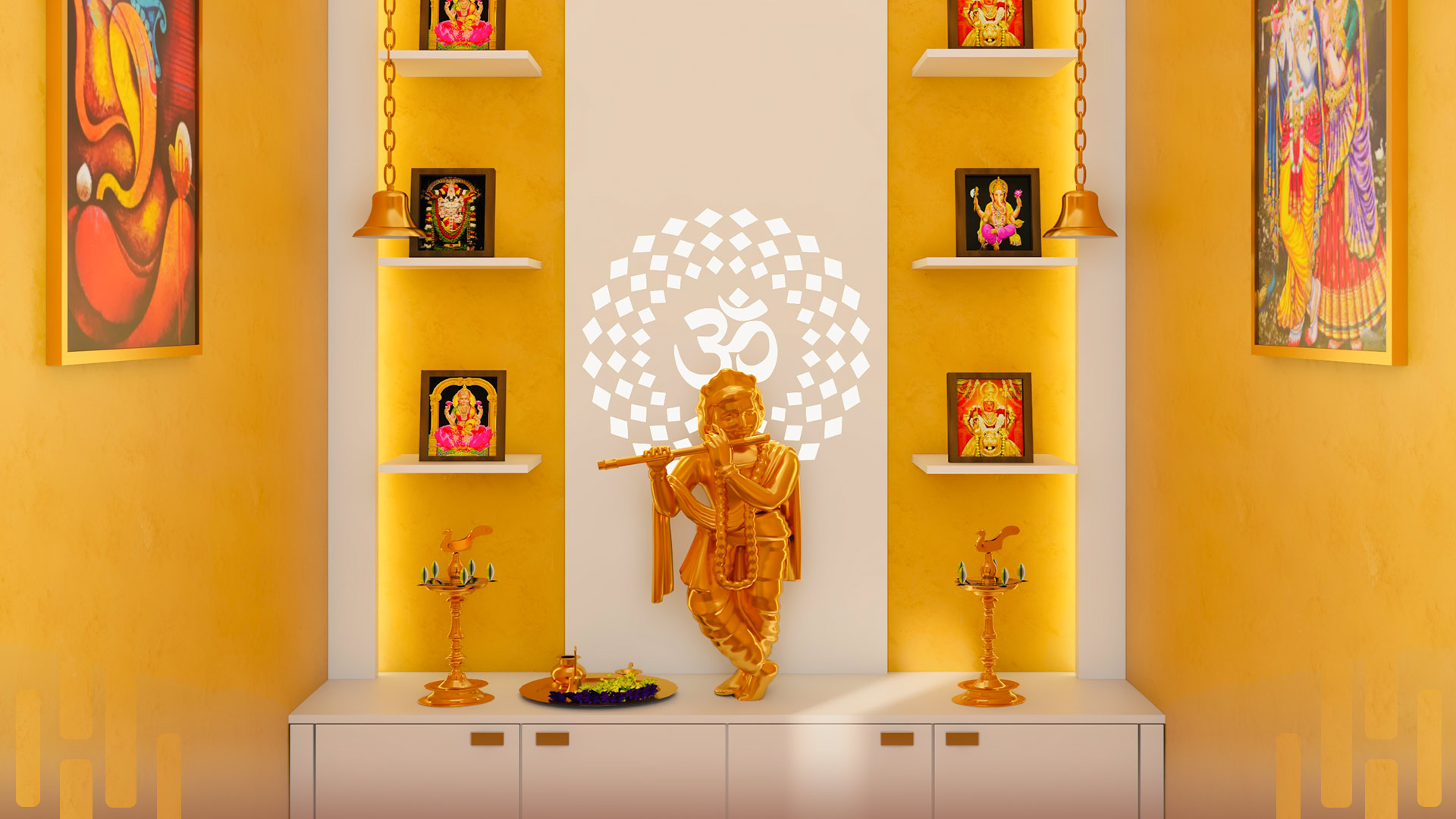 Pooja Room with Yellow Color walls