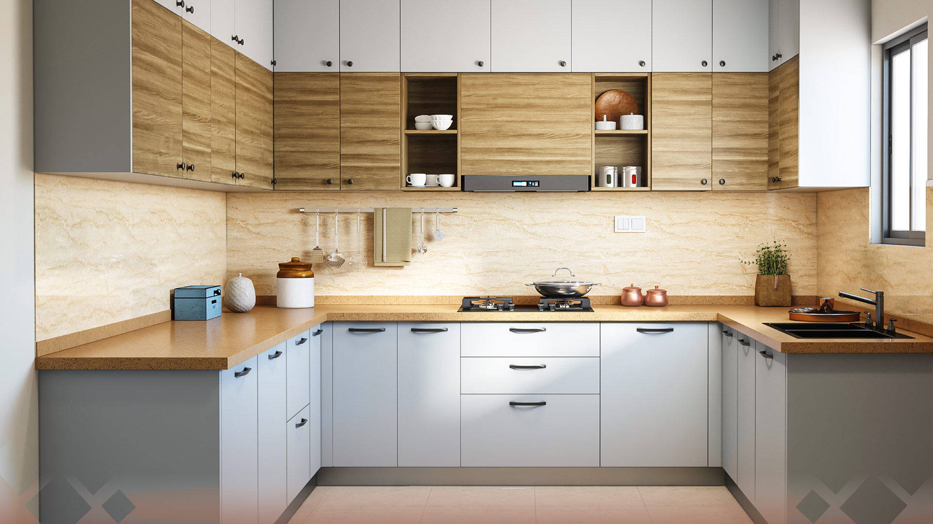 U-Shaped Modular Kitchen Design With Glass Windows and Cabinets