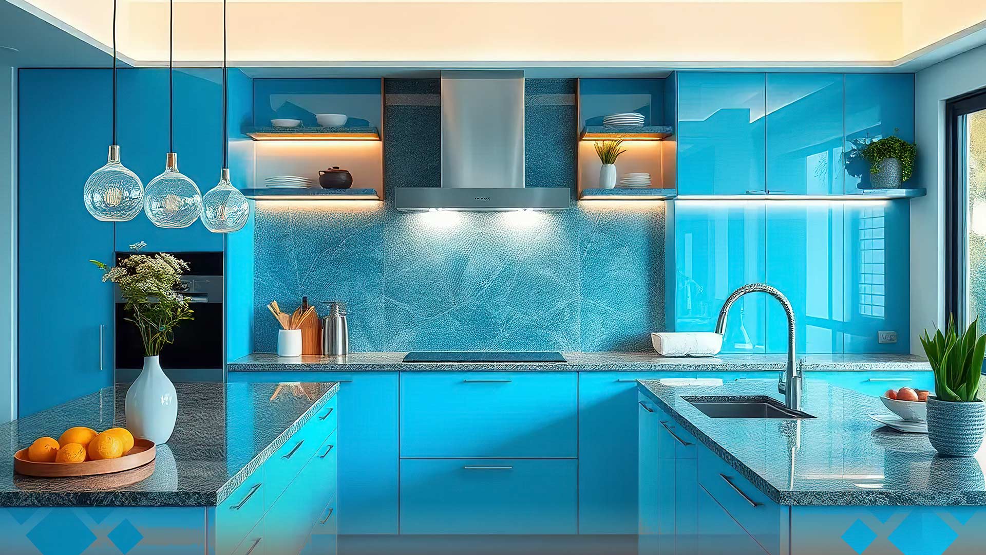 U-Shaped Modular Kitchen Design With a Hint of Blue