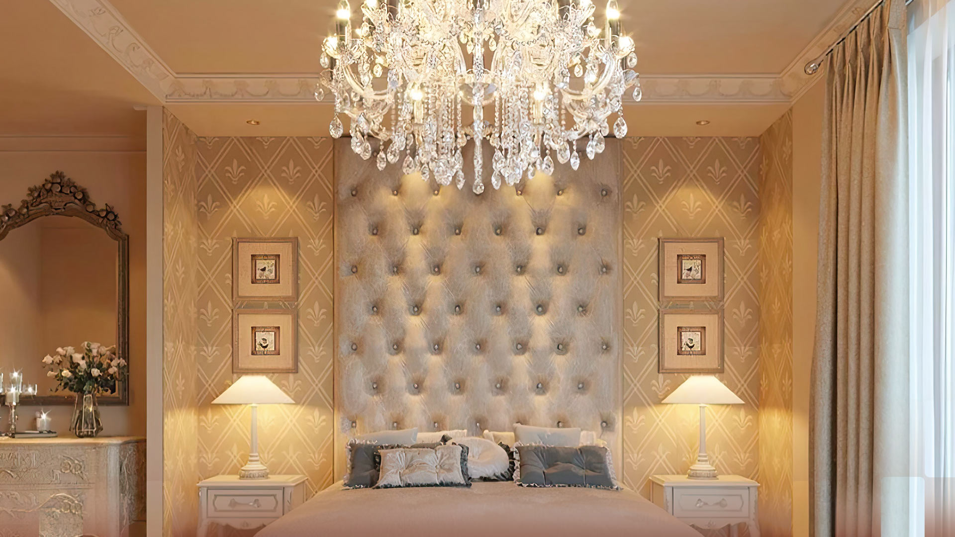 Luxurious Bedroom with Statement Chandeliers