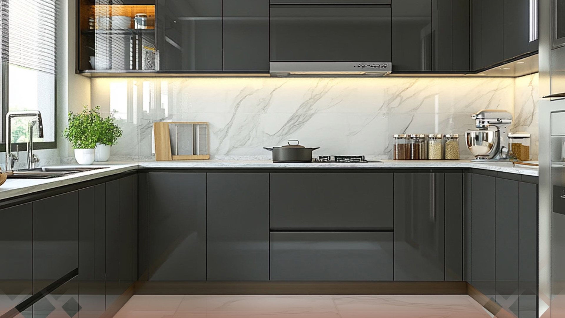 U-Shaped Modular Kitchen With Reflective Design